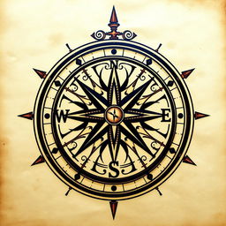 A beautifully crafted compass rose, intricately designed with artistic elements, showcasing the cardinal directions: north, south, east, and west