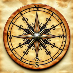 A beautifully crafted compass rose, intricately designed with artistic elements, showcasing the cardinal directions: north, south, east, and west