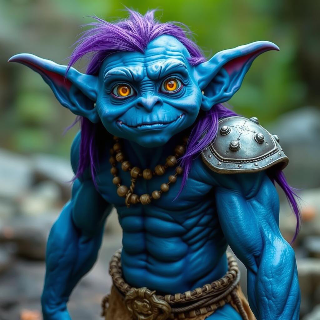 A blue-skinned goblin with an athletic, muscular build standing at 5'11"