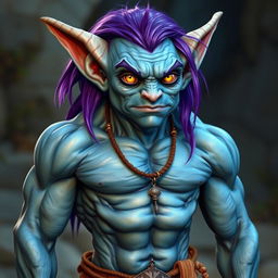 A blue-skinned goblin with an athletic, muscular build standing at 5'11"