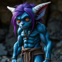 A blue-skinned goblin with an athletic, muscular build standing at 5'11"