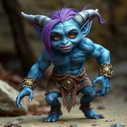 A blue-skinned goblin with an athletic, muscular build standing at 5'11"