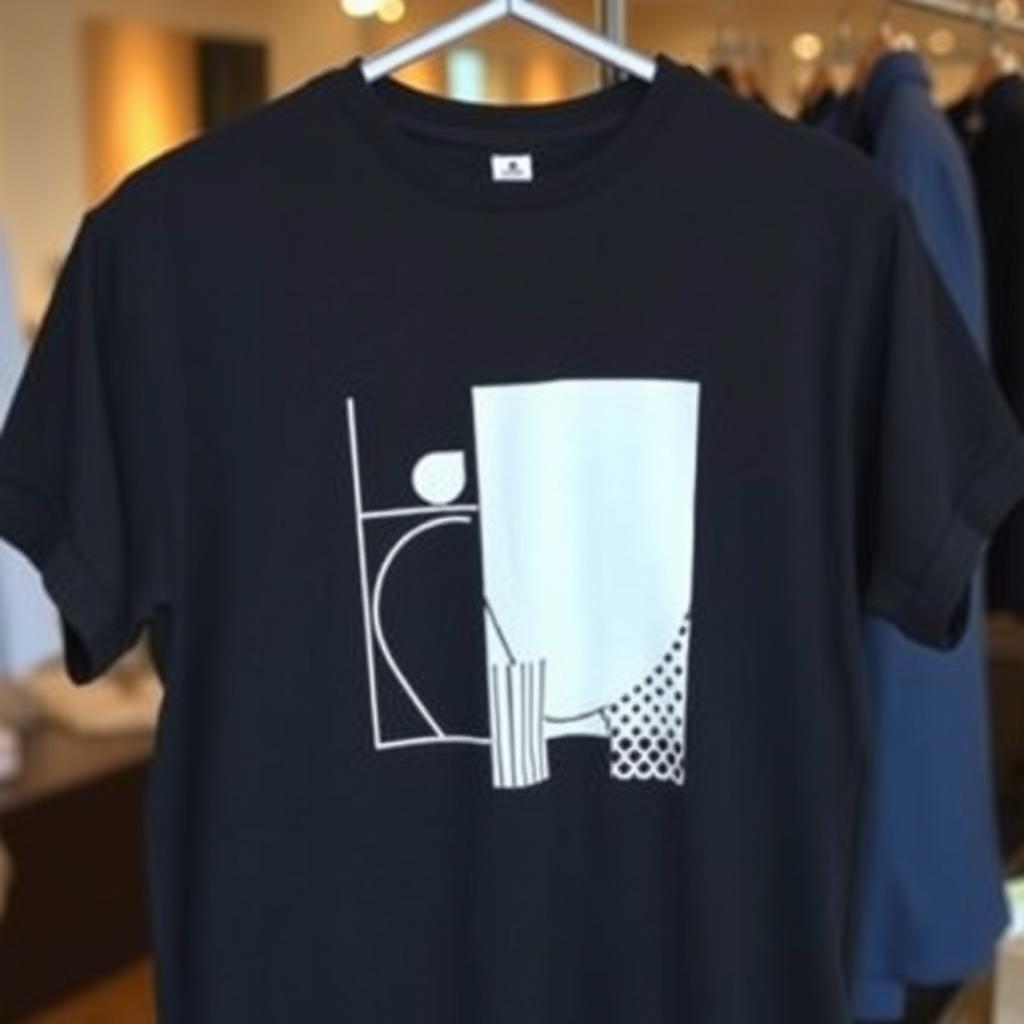 A stylish black t-shirt with a minimalistic design on the front, showcasing contemporary art influences with geometric shapes and abstract patterns