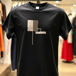 A stylish black t-shirt with a minimalistic design on the front, showcasing contemporary art influences with geometric shapes and abstract patterns