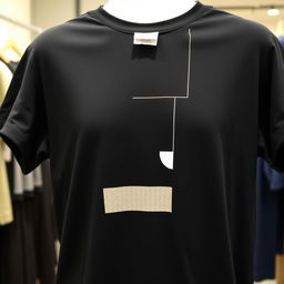 A stylish black t-shirt with a minimalistic design on the front, showcasing contemporary art influences with geometric shapes and abstract patterns