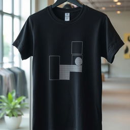 A stylish black t-shirt with a minimalistic design on the front, showcasing contemporary art influences with geometric shapes and abstract patterns