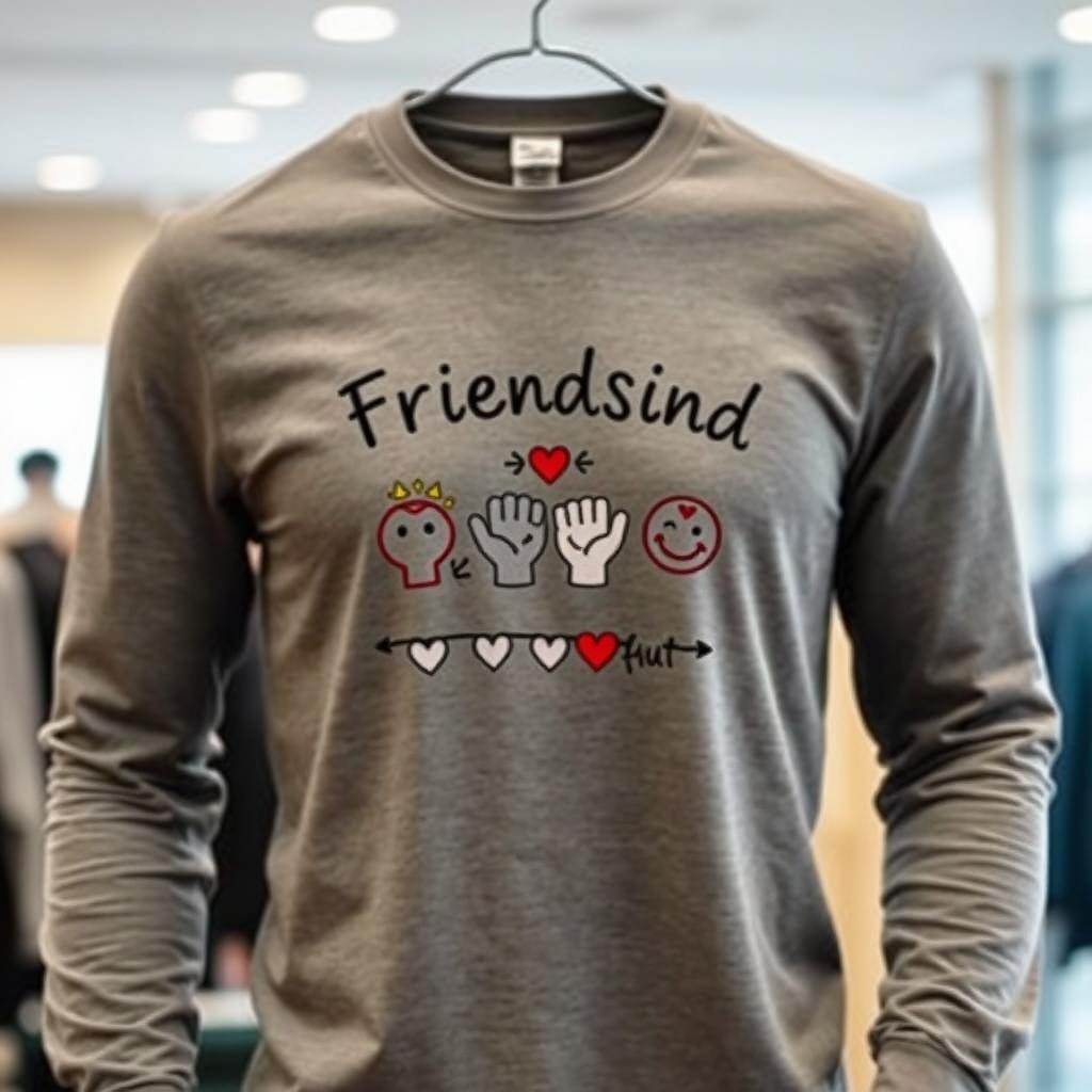 A stylish gray shirt featuring a theme of friendship, with a heartwarming design that includes symbols of unity and togetherness