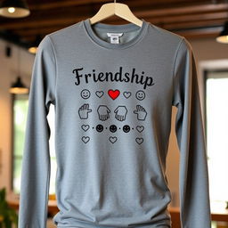 A stylish gray shirt featuring a theme of friendship, with a heartwarming design that includes symbols of unity and togetherness