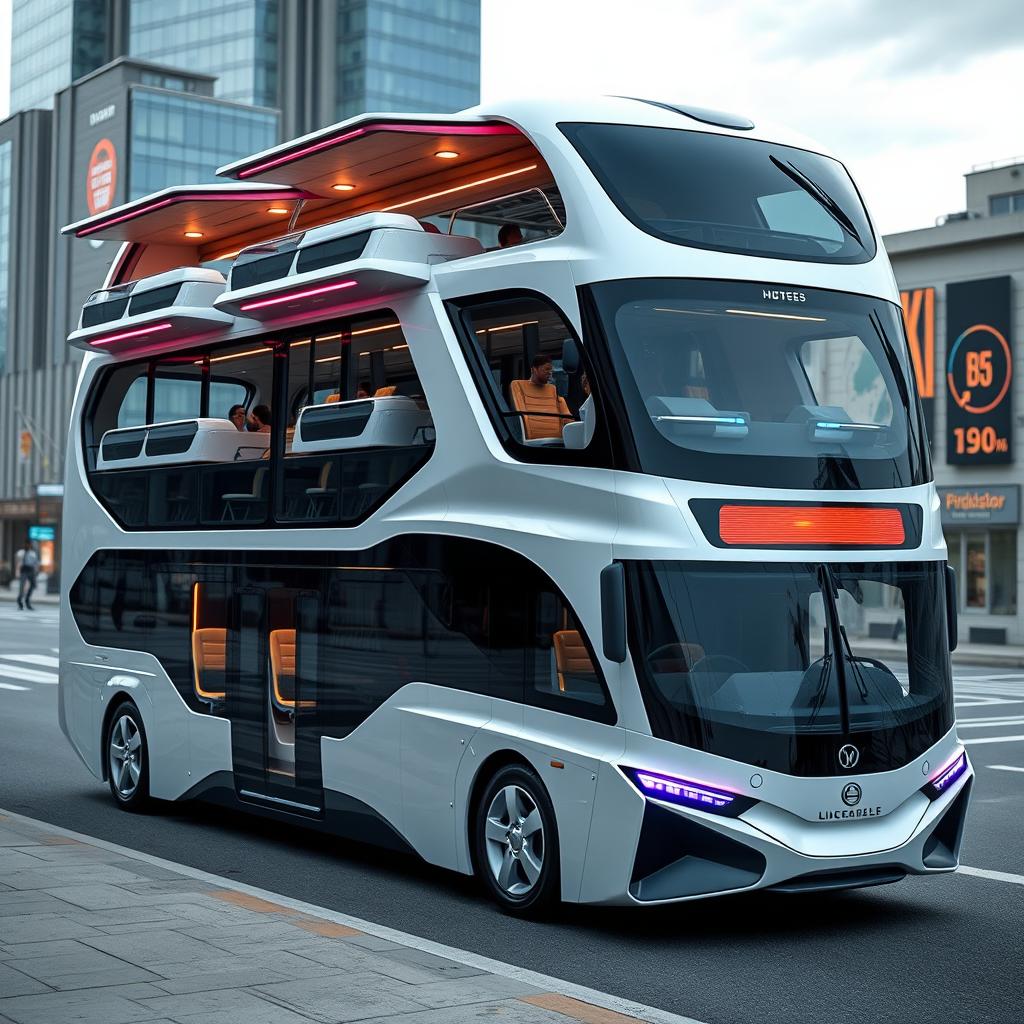 Futuristic double-decker bus with innovative expansion features