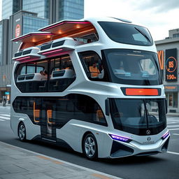 Futuristic double-decker bus with innovative expansion features