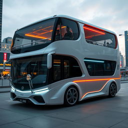 Futuristic double-decker bus with innovative expansion features