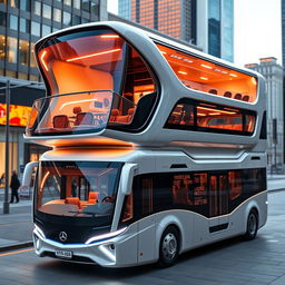 Futuristic double-decker bus with innovative expansion features