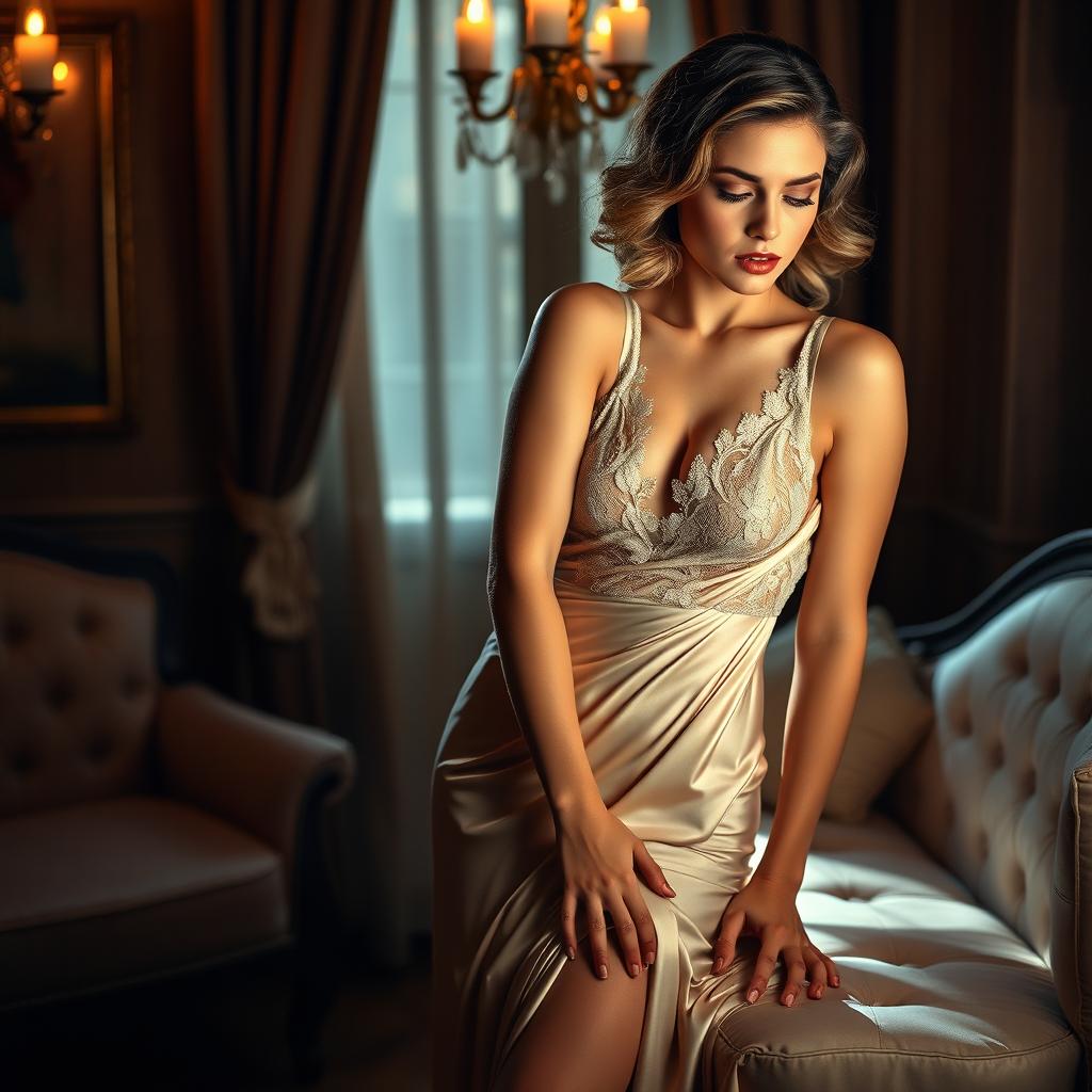 A vintage-style erotic scene capturing the essence of romance and allure