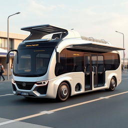 A futuristic bus design featuring retractable sides on all four sides, allowing for additional seating and porch areas that expand and retract when parked