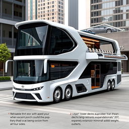 A futuristic bus design featuring retractable sides on all four sides, allowing for additional seating and porch areas that expand and retract when parked