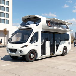 A futuristic bus design featuring retractable sides on all four sides, allowing for additional seating and porch areas that expand and retract when parked