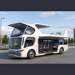 A futuristic bus design featuring retractable sides on all four sides, allowing for additional seating and porch areas that expand and retract when parked