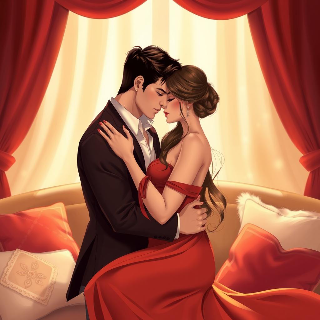 A sensual and romantic illustration of a couple embracing in a cozy, intimate setting