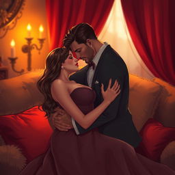 A sensual and romantic illustration of a couple embracing in a cozy, intimate setting