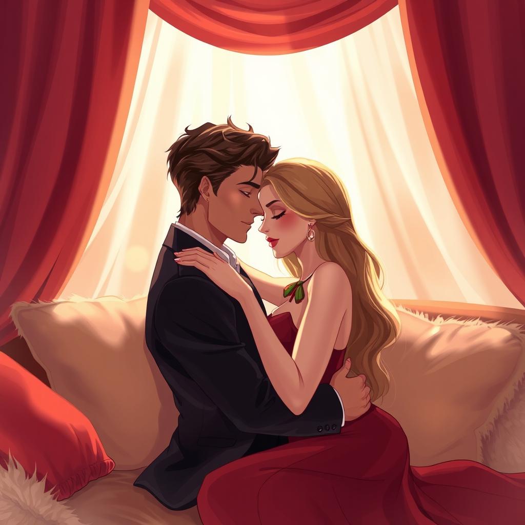 A sensual and romantic illustration of a couple embracing in a cozy, intimate setting