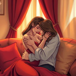 A sensual and romantic illustration of a couple embracing in a cozy, intimate setting