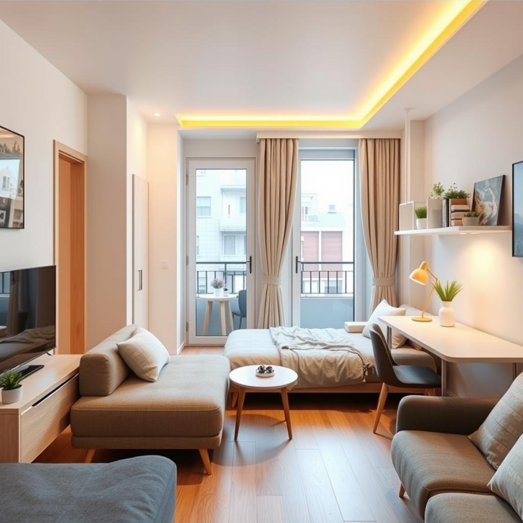 Design a cozy open-plan studio apartment interior featuring a compact yet efficient layout