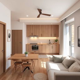 Design a cozy open-plan studio apartment interior featuring a compact yet efficient layout