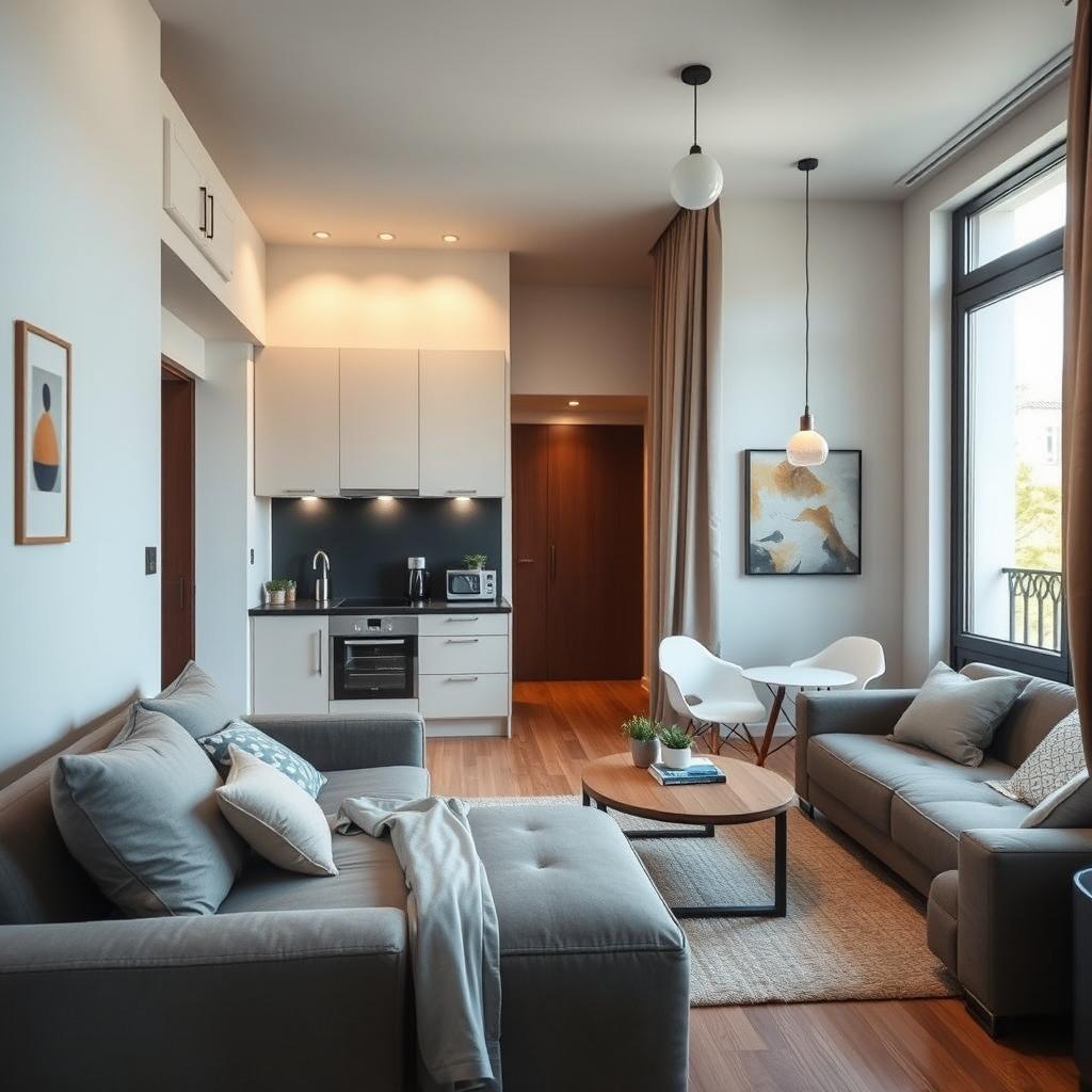 Design a cozy open-plan studio apartment interior featuring a compact yet efficient layout