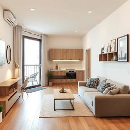 Design a cozy open-plan studio apartment interior featuring a compact yet efficient layout