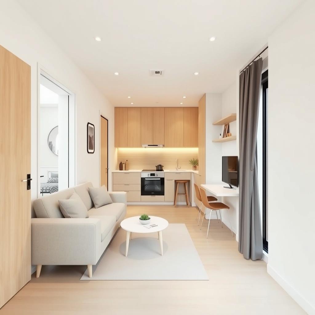 Design a smart and compact interior for a salon apartment featuring an open kitchen integrated into the main living area, with an entrance door leading into the space