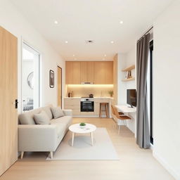 Design a smart and compact interior for a salon apartment featuring an open kitchen integrated into the main living area, with an entrance door leading into the space