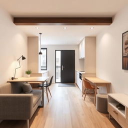 Design a smart and compact interior for a salon apartment featuring an open kitchen integrated into the main living area, with an entrance door leading into the space