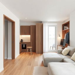 Design a smart and compact interior for a salon apartment featuring an open kitchen integrated into the main living area, with an entrance door leading into the space