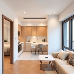 Design a smart and compact interior for a salon apartment featuring an open kitchen integrated into the main living area, with an entrance door leading into the space