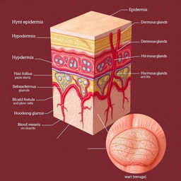 Detailed anatomical illustration of human skin layers, showcasing the epidermis, dermis, and hypodermis layers, with clear labels and a focus on their unique characteristics