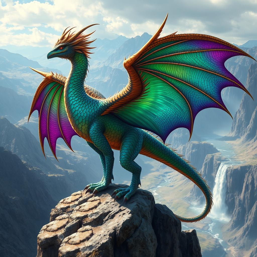 Majestic feathered wyvern perched on a rocky cliff, with vibrant plumage that shimmers in shades of emerald, sapphire, and amethyst