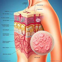 Detailed anatomical illustration of human skin layers, showcasing the epidermis, dermis, and hypodermis layers, with clear labels and a focus on their unique characteristics