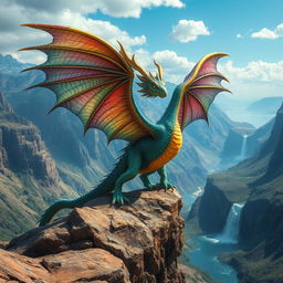 Majestic feathered wyvern perched on a rocky cliff, with vibrant plumage that shimmers in shades of emerald, sapphire, and amethyst