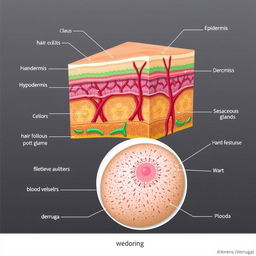 Detailed anatomical illustration of human skin layers, showcasing the epidermis, dermis, and hypodermis layers, with clear labels and a focus on their unique characteristics