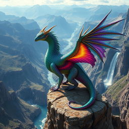 Majestic feathered wyvern perched on a rocky cliff, with vibrant plumage that shimmers in shades of emerald, sapphire, and amethyst