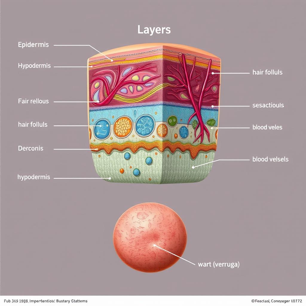 Detailed anatomical illustration of human skin layers, showcasing the epidermis, dermis, and hypodermis layers, with clear labels and a focus on their unique characteristics