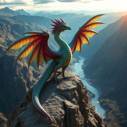 Majestic feathered wyvern perched on a rocky cliff, with vibrant plumage that shimmers in shades of emerald, sapphire, and amethyst