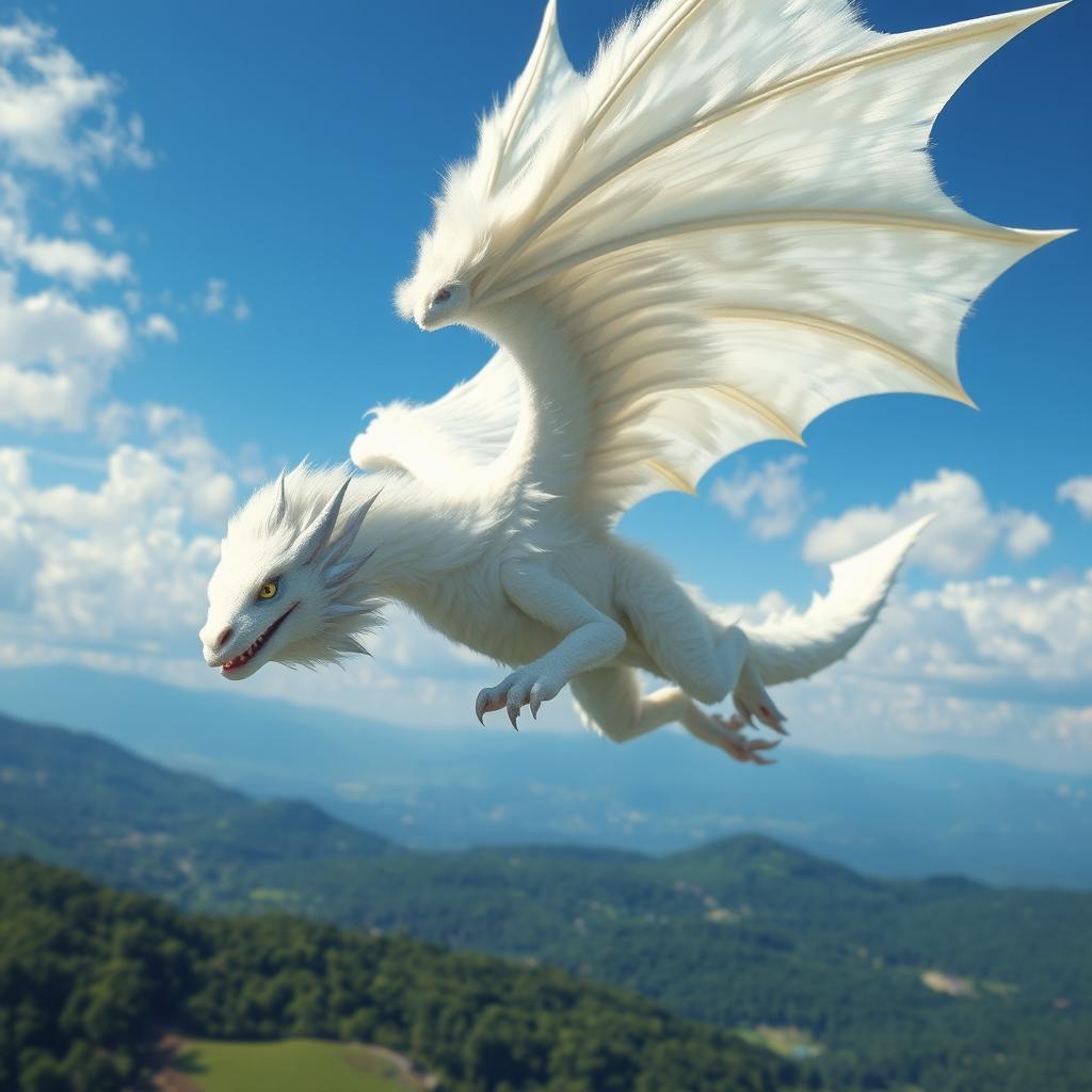 A majestic white fluffy wyvern with large, feathered wings soaring gracefully through a serene blue sky