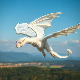 A majestic white fluffy wyvern with large, feathered wings soaring gracefully through a serene blue sky