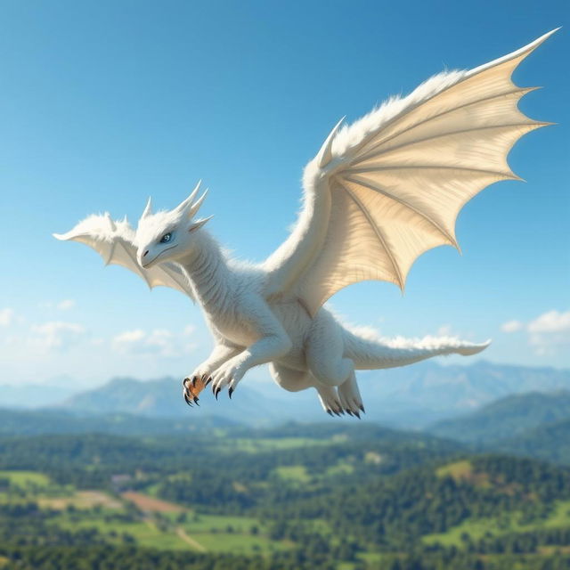 A majestic white fluffy wyvern with large, feathered wings soaring gracefully through a serene blue sky