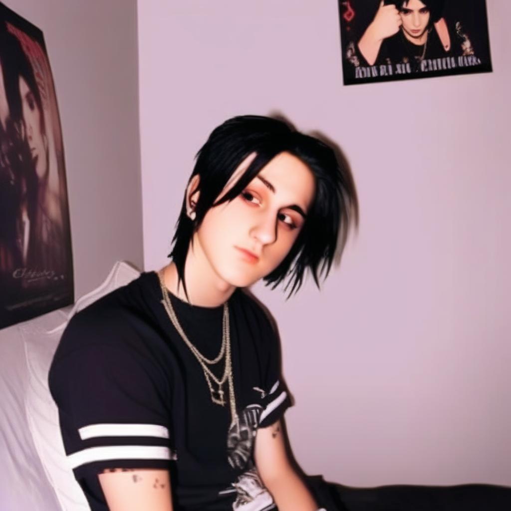 Early 2000s Bebo profile picture of an edgy teenager embodying the depression era. He has dyed black hair, wears thick eyeliner and a band t-shirt. The background is a dimly lit room with band posters.