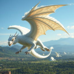 A majestic white fluffy wyvern with large, feathered wings soaring gracefully through a serene blue sky