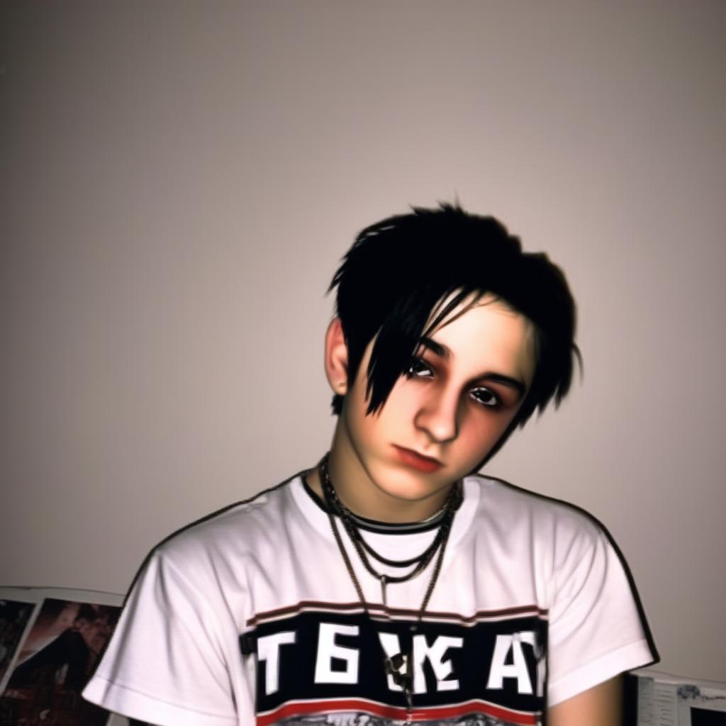 Early 2000s Bebo profile picture of an edgy teenager embodying the depression era. He has dyed black hair, wears thick eyeliner and a band t-shirt. The background is a dimly lit room with band posters.