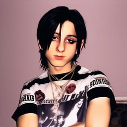 Early 2000s Bebo profile picture of an edgy teenager embodying the depression era. He has dyed black hair, wears thick eyeliner and a band t-shirt. The background is a dimly lit room with band posters.