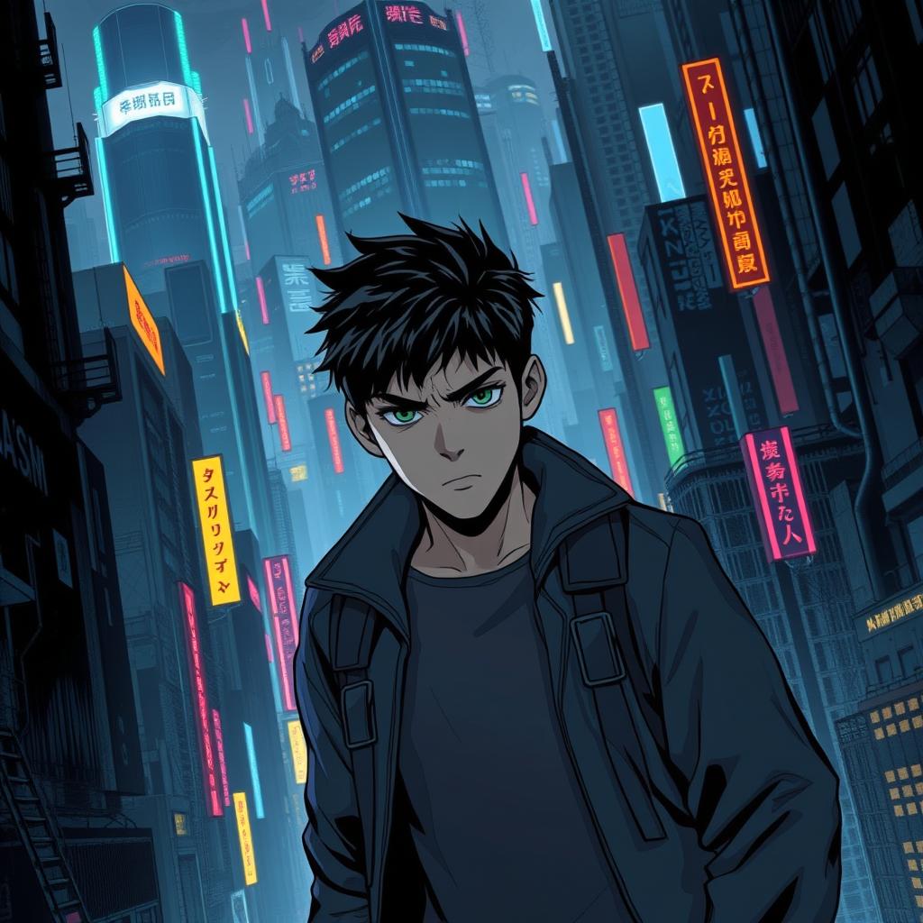 A mysterious and intense scene in a manhwa, featuring a young male character navigating a dark sci-fi city